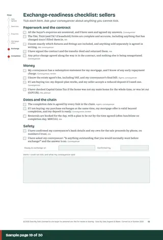 Sample page 19 of 30: Exchange-readiness checklist: sellers. Opens a larger view.